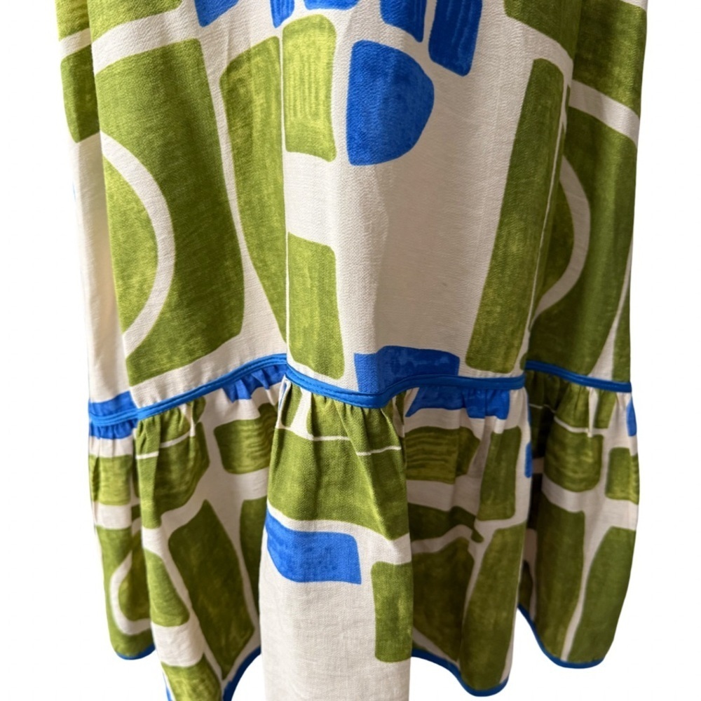 UMGEE BOHO GEOMETRIC PRINT SLEEVELESS
TIERED MINI DRESS GREEN BLUE SIZE M - Picture 5 of 12